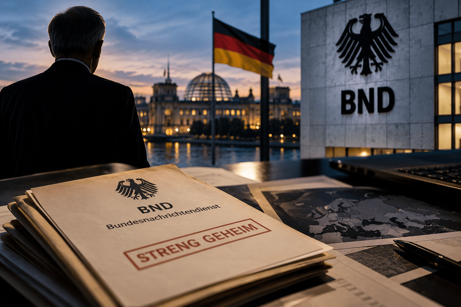 Documenti riservati dell'intelligence tedesca rappresentati in un'ambientazione istituzionale a Berlino