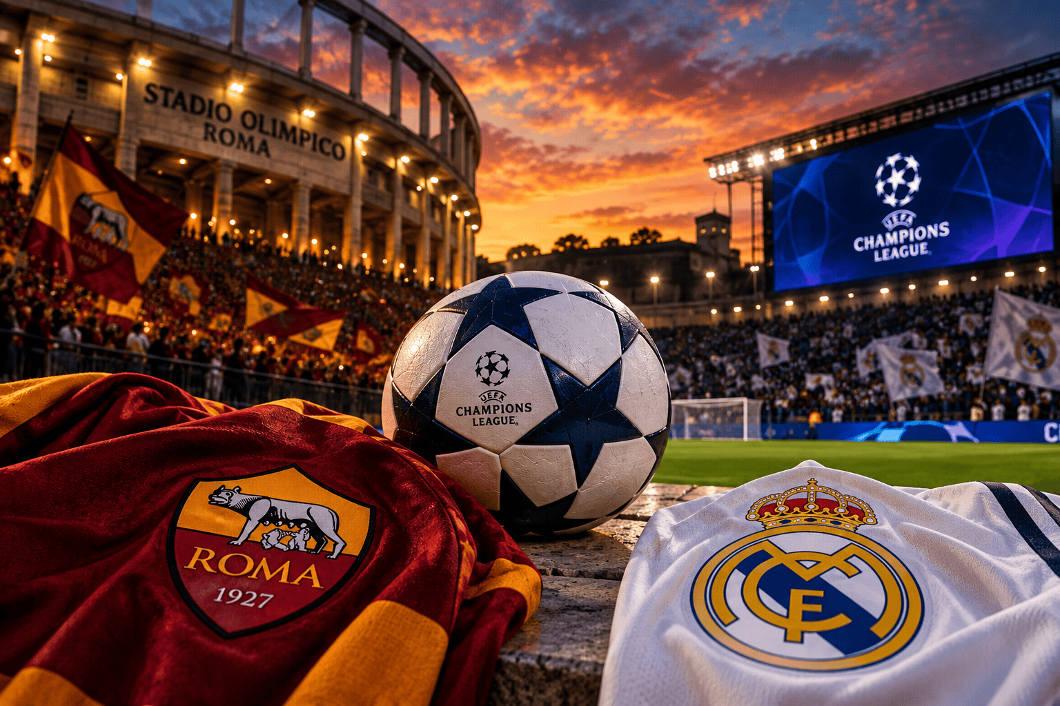 Calciatori di Roma e Real Madrid durante la sfida di Champions League all'Olimpico