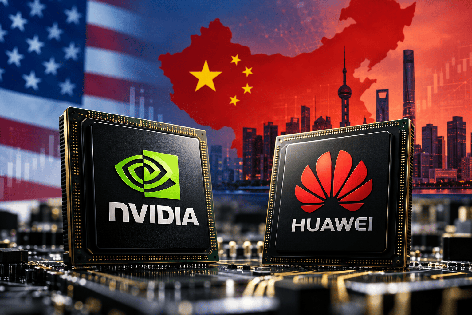 Loghi Nvidia e Huawei nel contesto della competizione tecnologica tra Stati Uniti e Cina