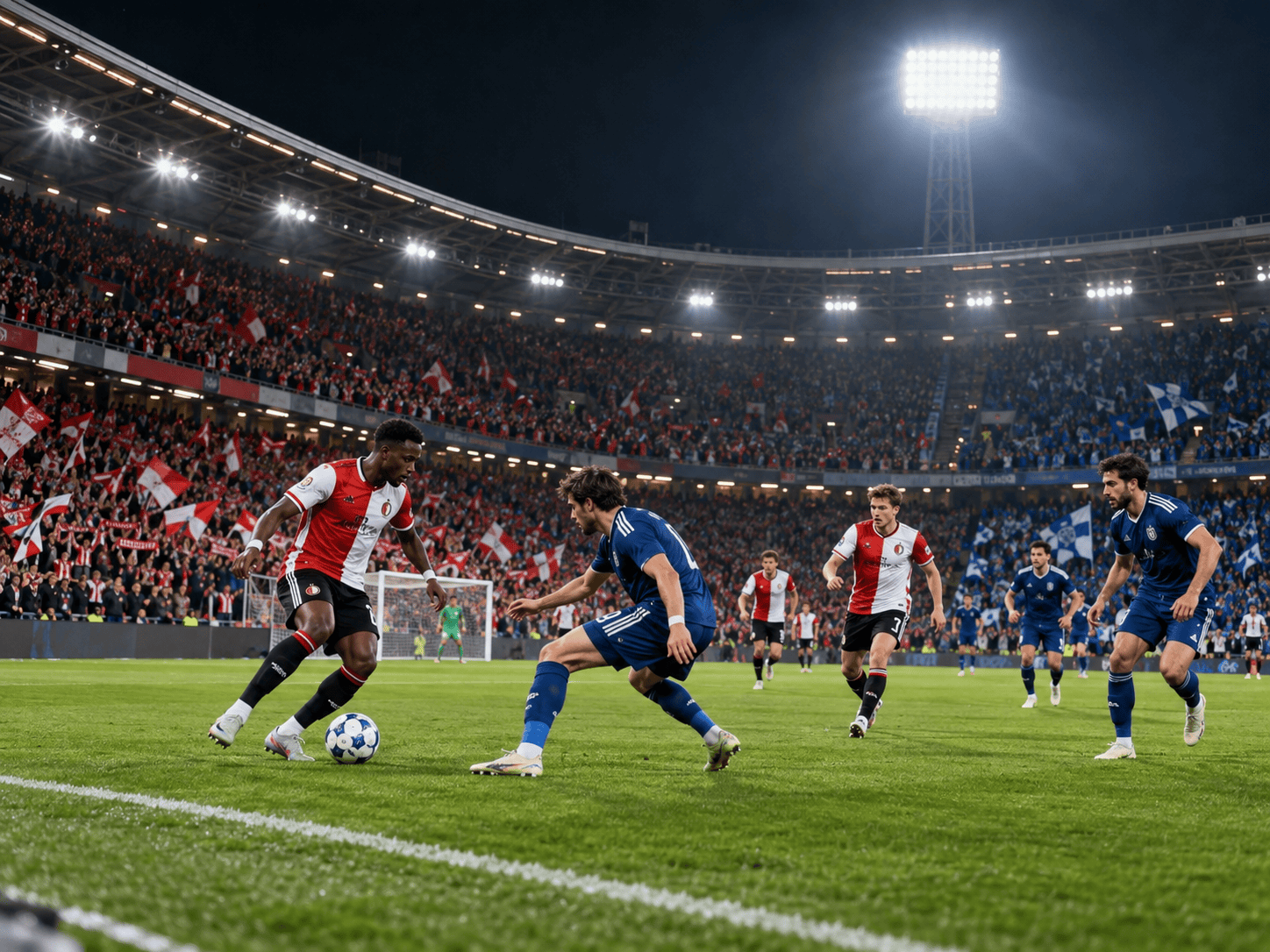 Feyenoord e Como in azione durante la partita di Champions League al De Kuip