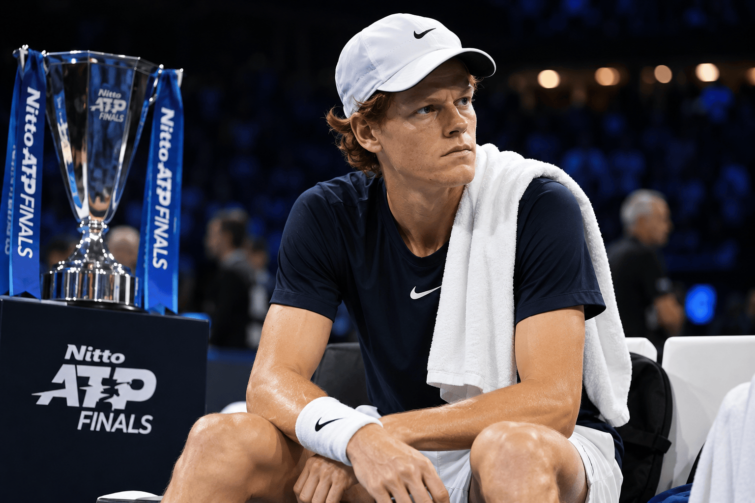 Illustrazione AI di un tennista seduto accanto al trofeo delle ATP Finals