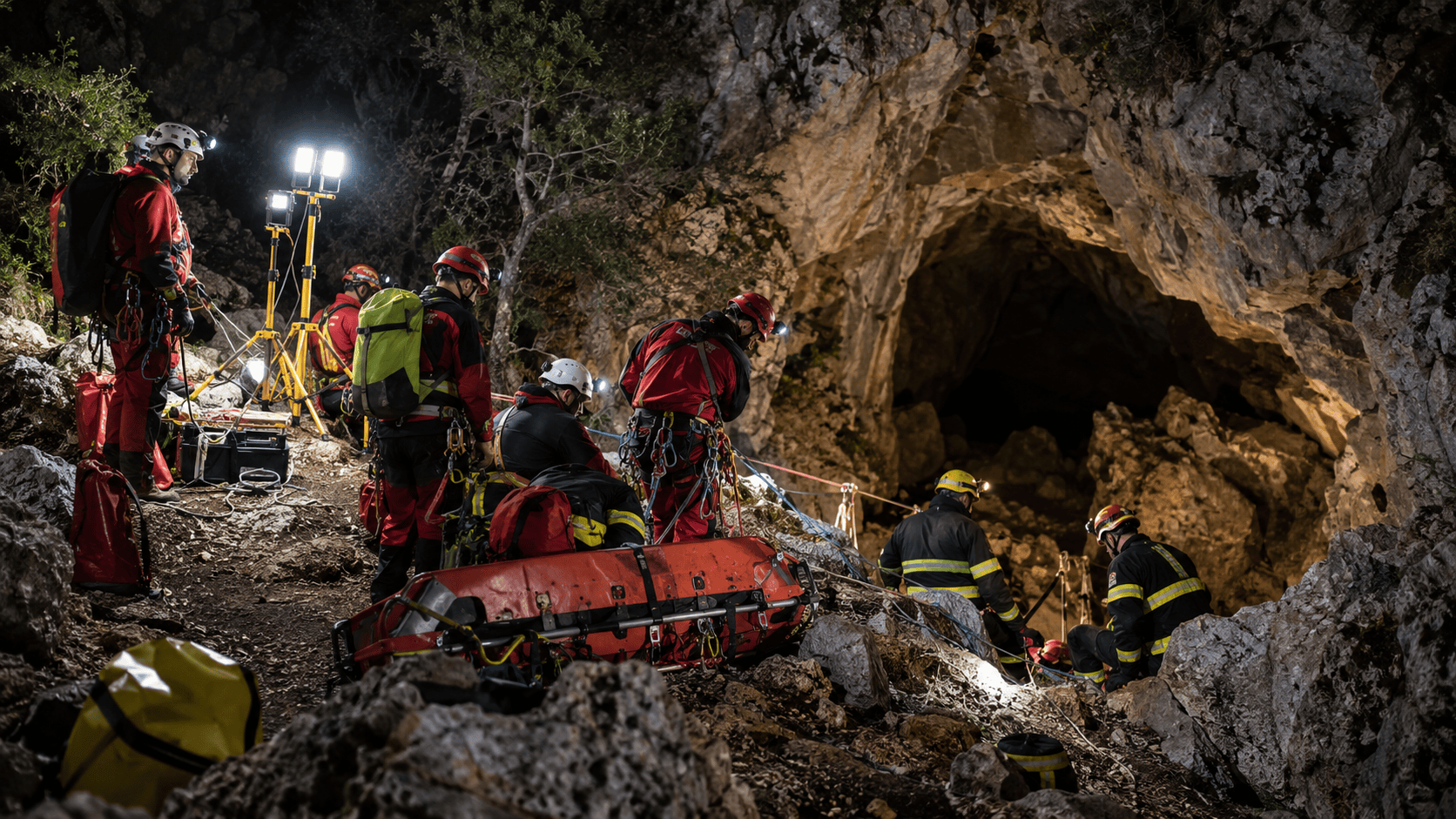 Squadre di soccorso impegnate di notte all'ingresso di una grotta