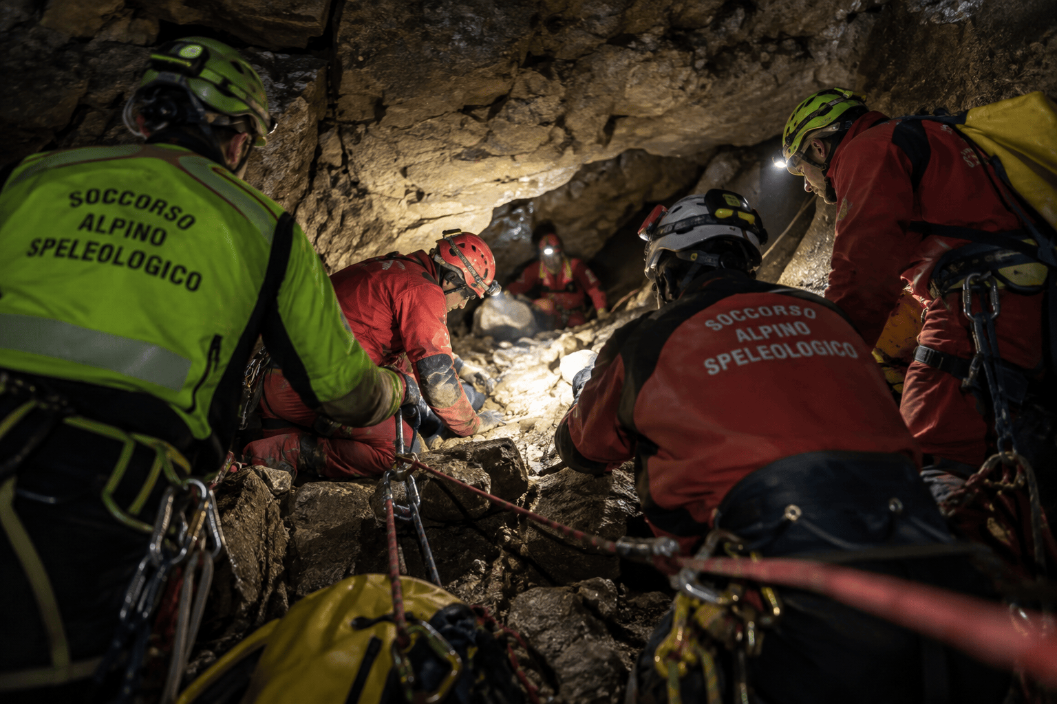 Soccorritori impegnati in un'operazione speleologica all'interno di una grotta
