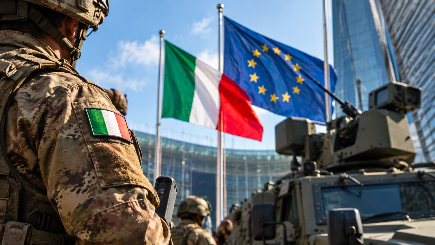 Piano SAFE Italia con soldato italiano, bandiere e mezzi blindati