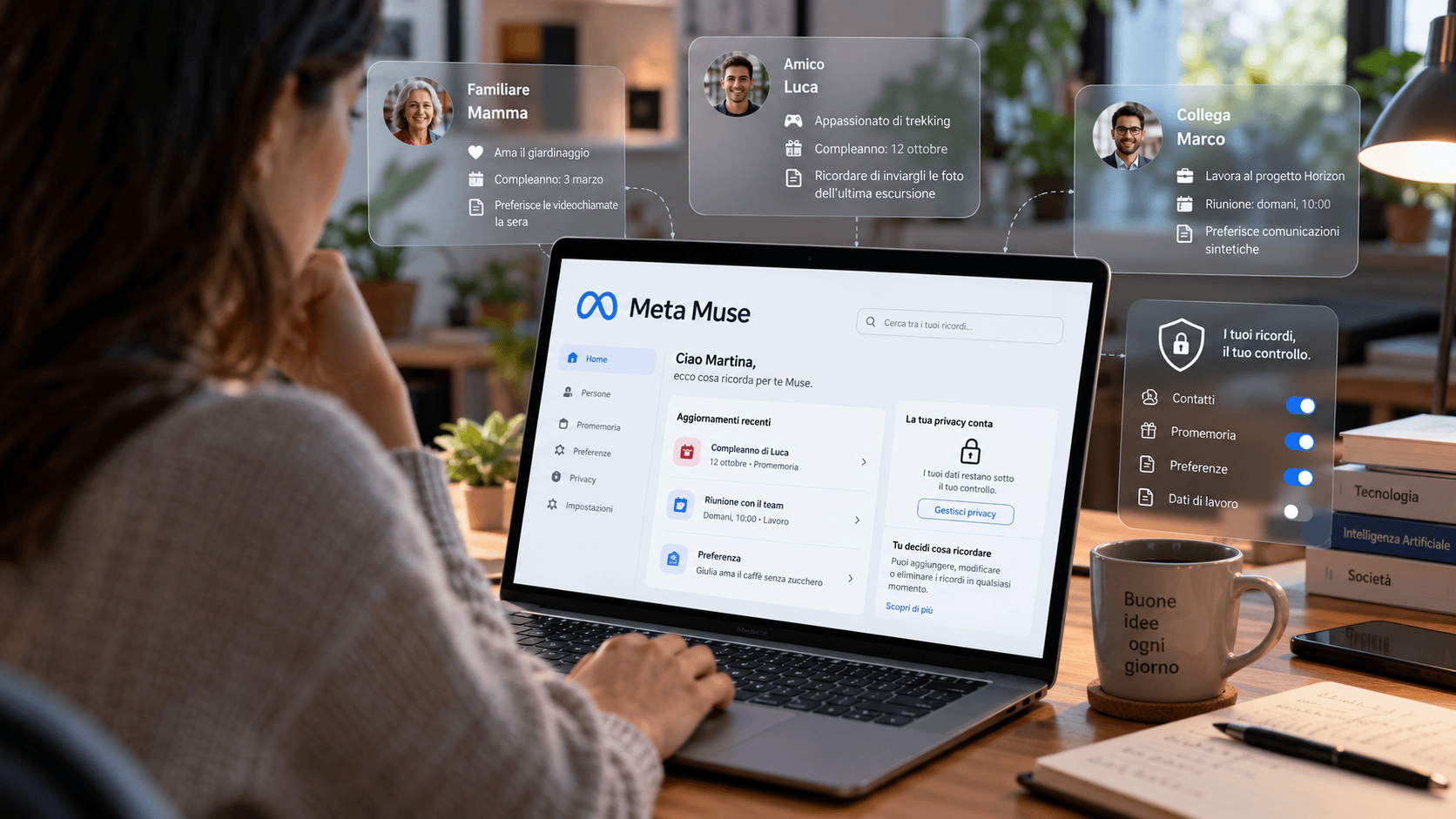 Persona davanti a un computer con Meta Muse e schede digitali dedicate a contatti e preferenze