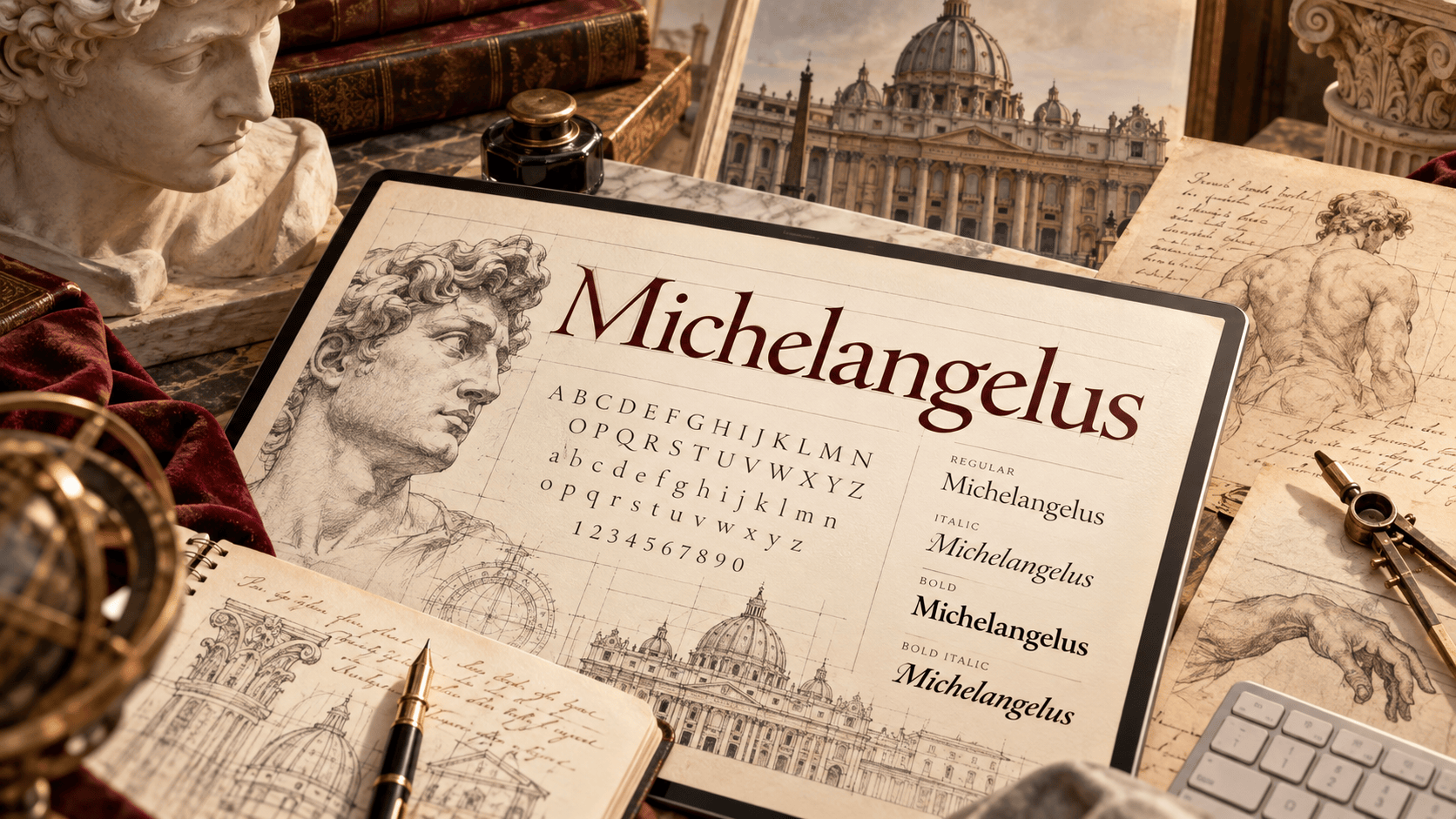 Specimen del carattere Michelangelus con varianti Regular, Italic, Bold e Bold Italic
