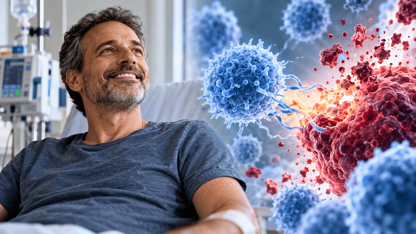 Paziente in ospedale con rappresentazione di cellule immunitarie CAR-T che attaccano cellule tumorali