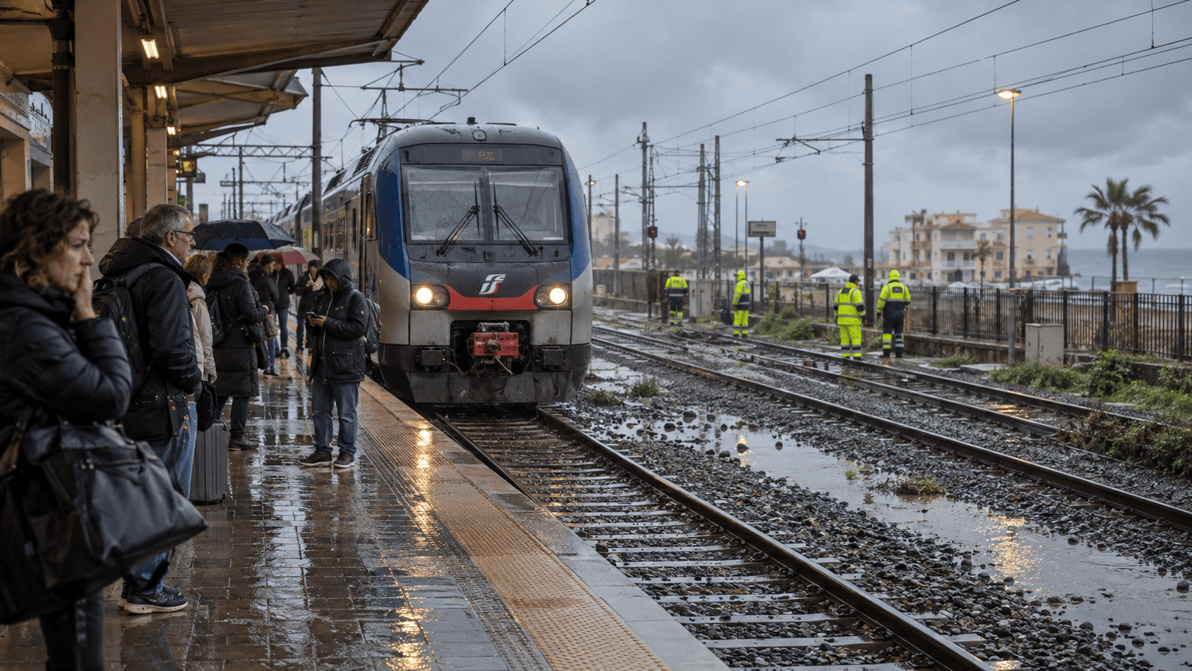 Immagine illustrativa di una stazione ferroviaria del litorale laziale sotto una pioggia intensa