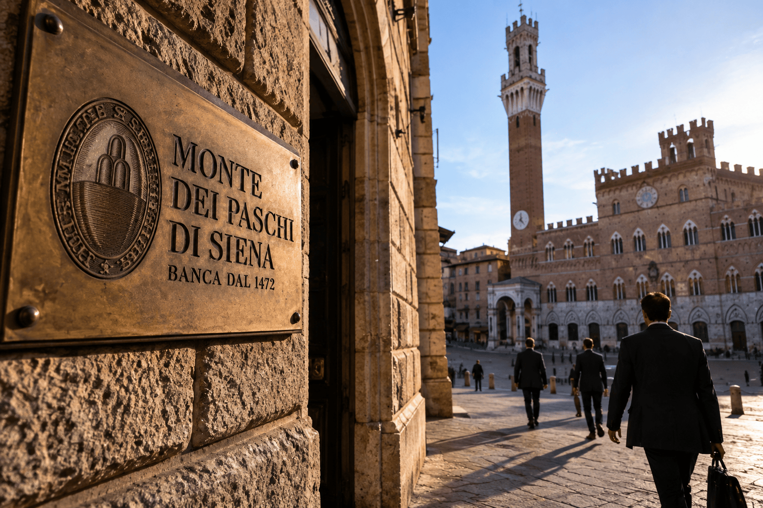 Sede bancaria a Siena nel contesto della partita tra MPS e Intesa Sanpaolo