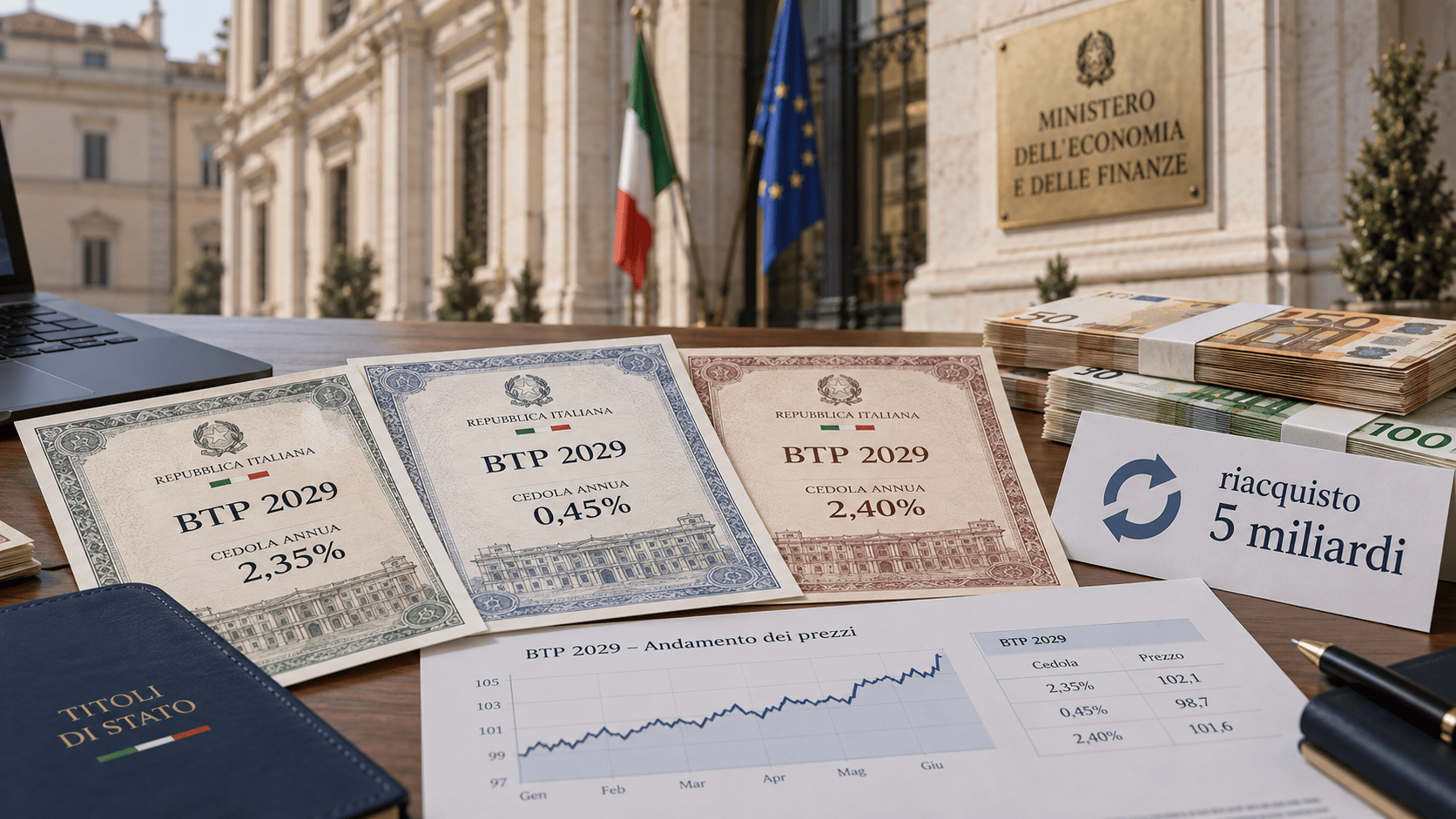 Tre BTP con scadenza nel 2029 davanti alla sede del Ministero dell’Economia, simbolo del riacquisto da 5 miliardi