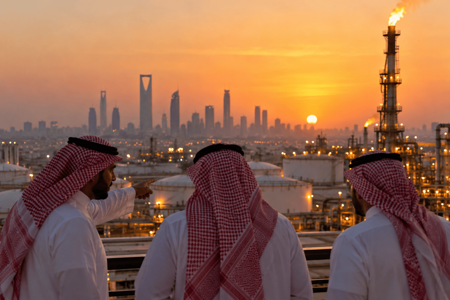 Impianti energetici e industriali al tramonto nel contesto del mercato petrolifero saudita