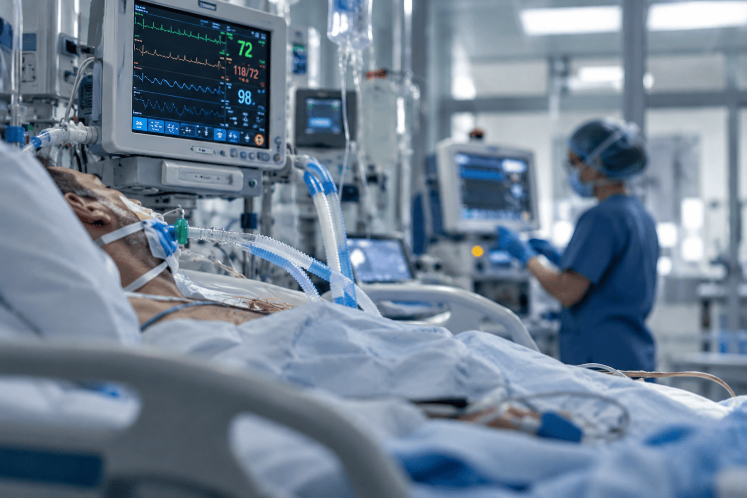 Paziente in terapia intensiva con monitor, immagine illustrativa del decorso post-operatorio