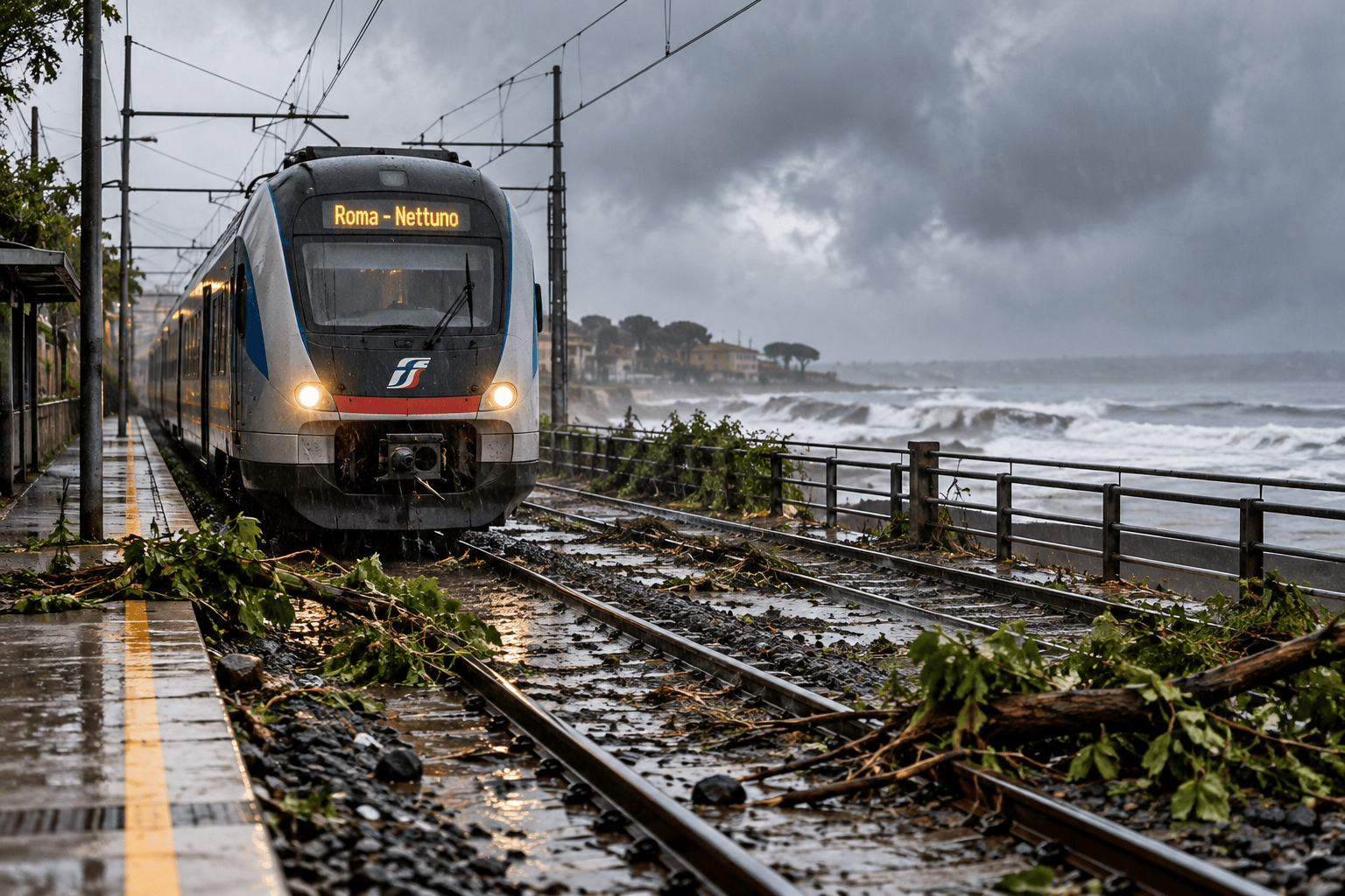 Rappresentazione illustrativa di un treno regionale della linea Roma–Nettuno durante una tempesta sul litorale laziale