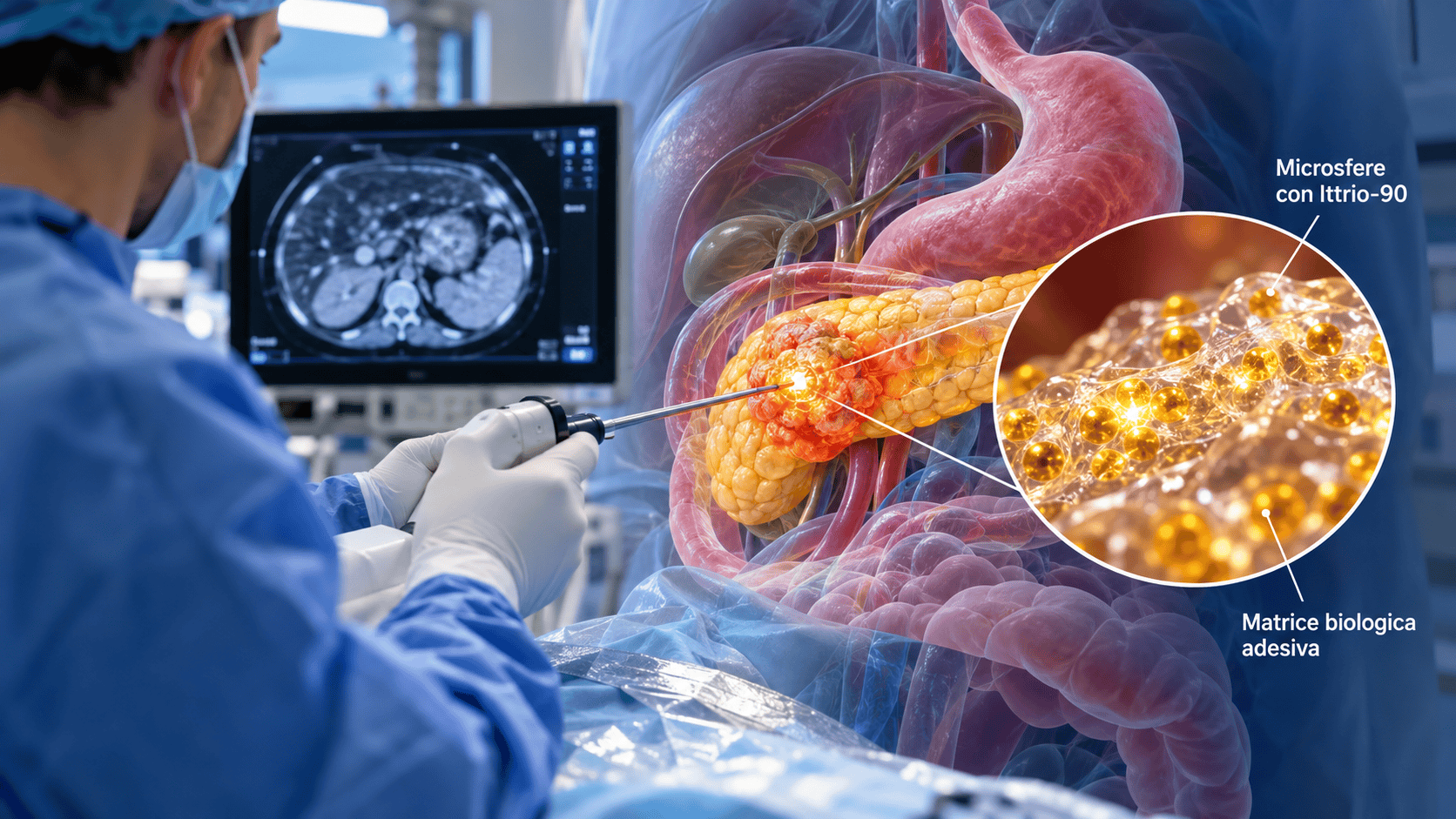 Schema illustrativo della colla radioattiva con Ittrio-90 per il tumore del pancreas