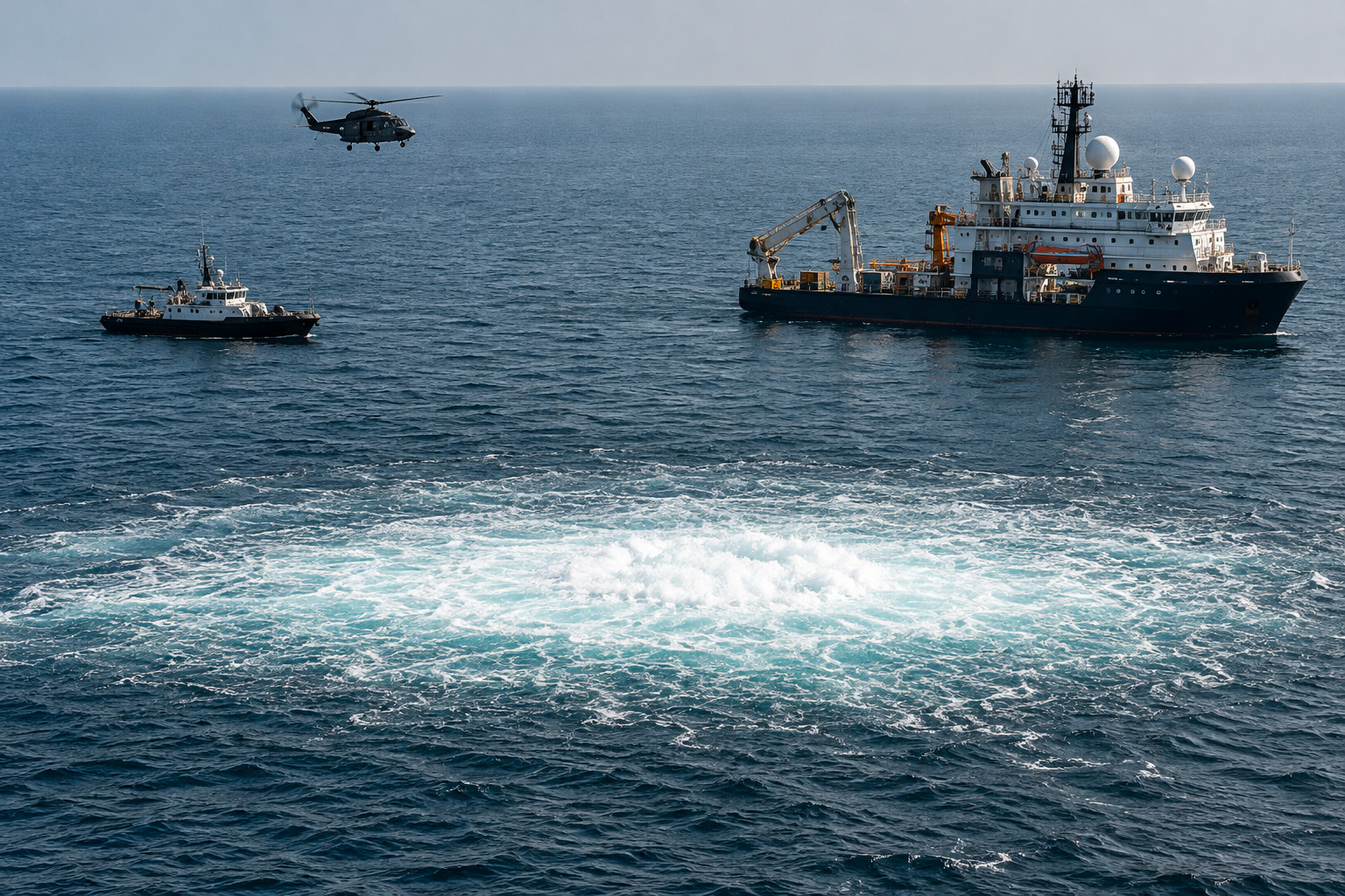 Navi ed elicottero sopra il mare nel contesto della sicurezza delle infrastrutture sottomarine europee