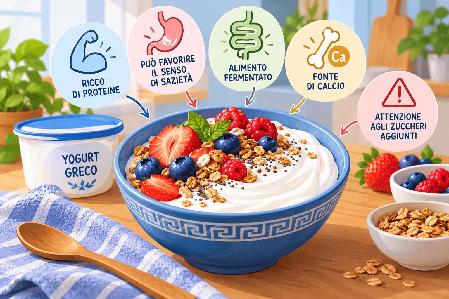 Illustrazione AI di yogurt greco con frutti di bosco e indicazioni su proteine, fermentazione, calcio e zuccheri aggiunti