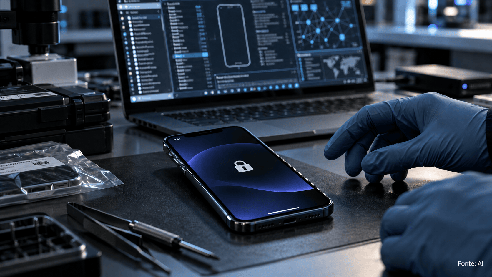 Smartphone bloccato analizzato su una postazione di digital forensics con computer e strumenti tecnici, immagine generata con AI